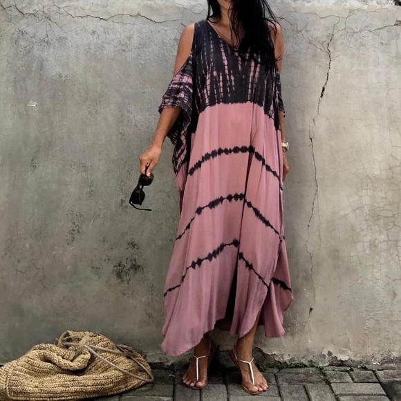 SOLD OUT Tie Dye Cold Shoulder Coverup Maxi Dress - Picture 3 of 8